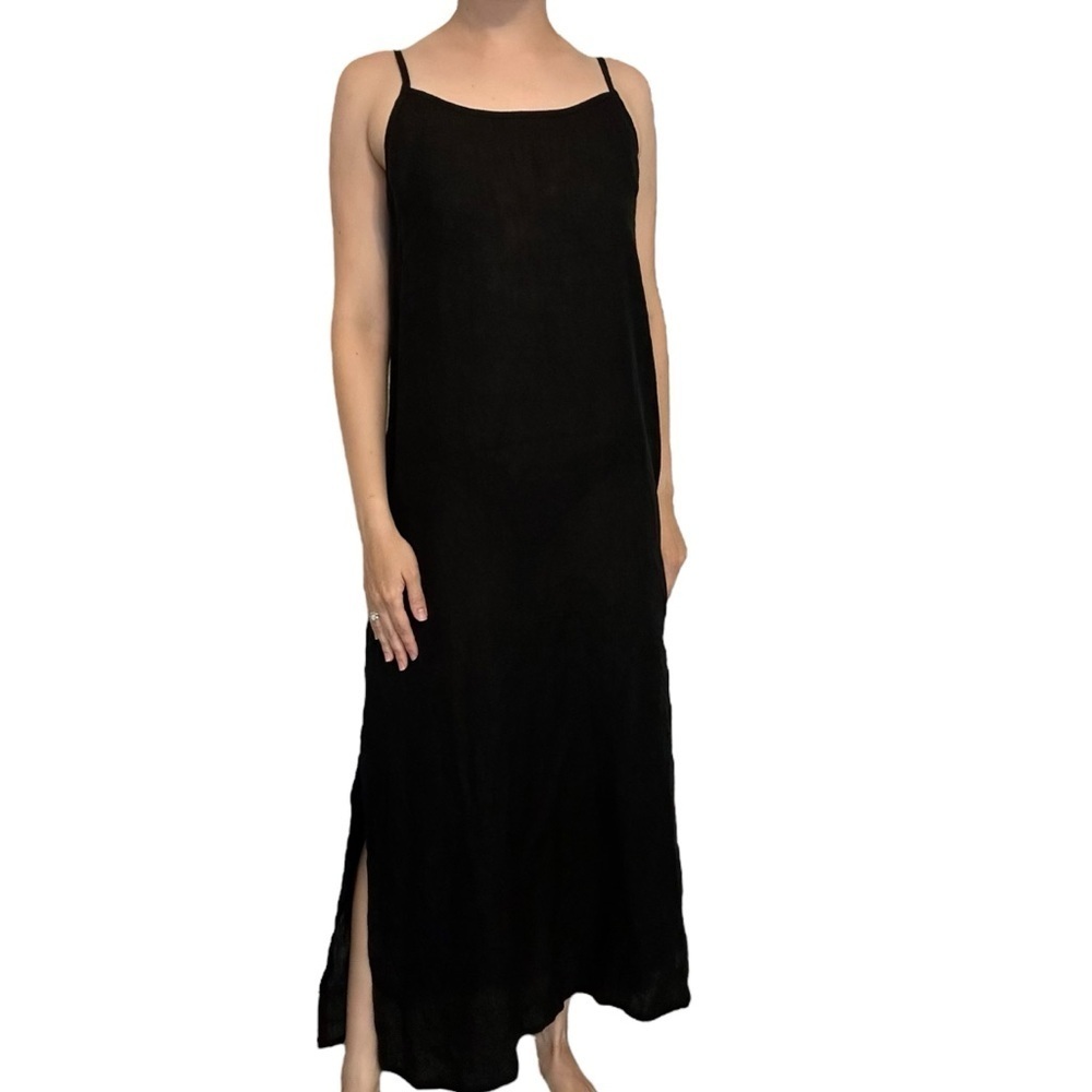 Becasa Maxi Dress 100% Linen Black Oversized Modest Lagenlook Size Small